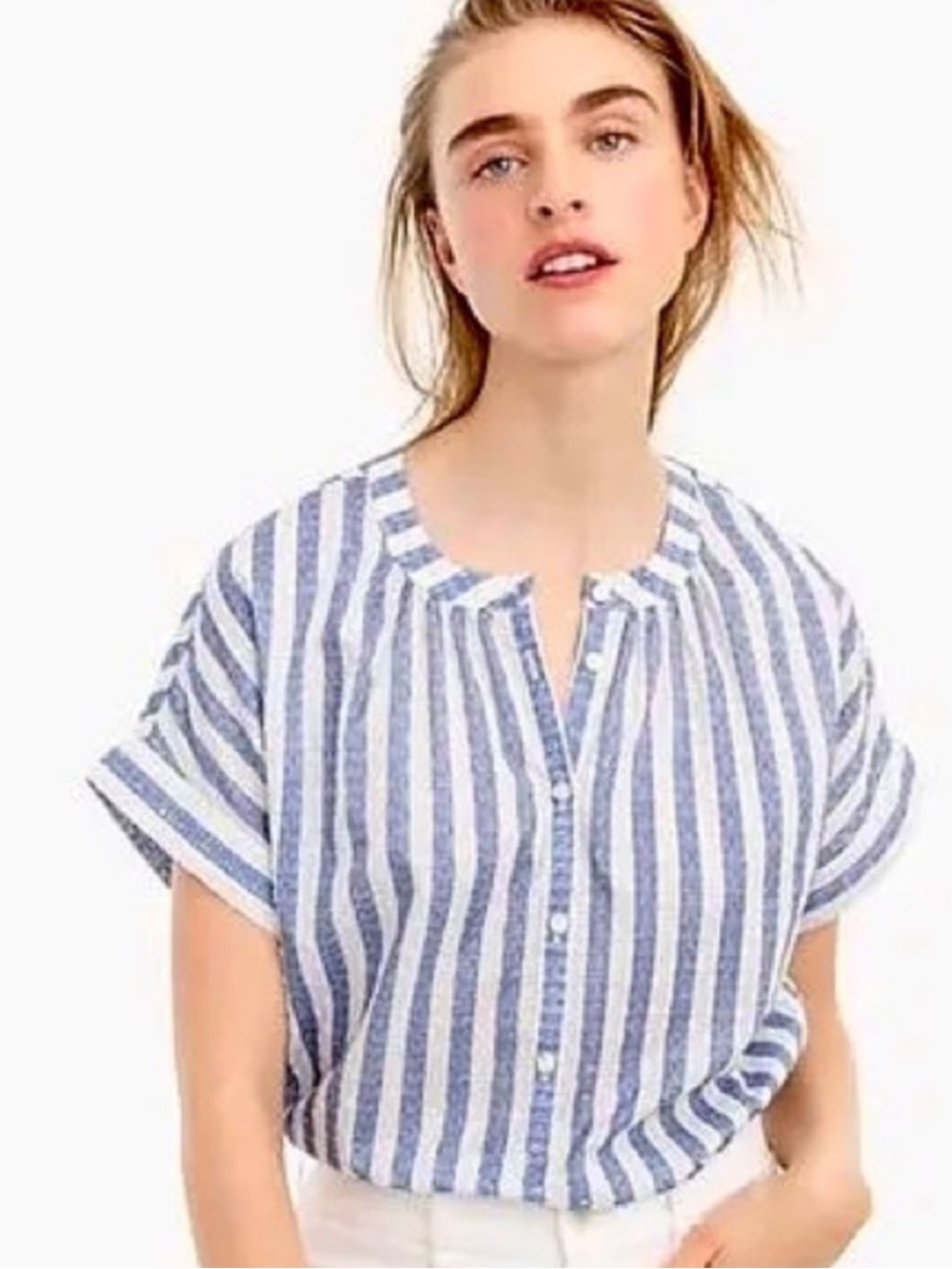 J. Crew Point Sur Short-Sleeve Popover Shirt in Cotton Dobby Stripe Small